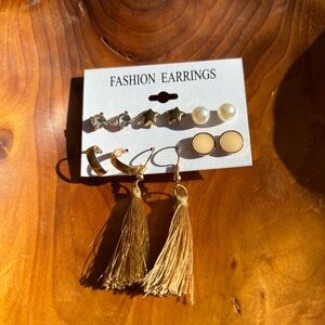 Gold Earring Tassel and Pearl Set - Fashion Earrings